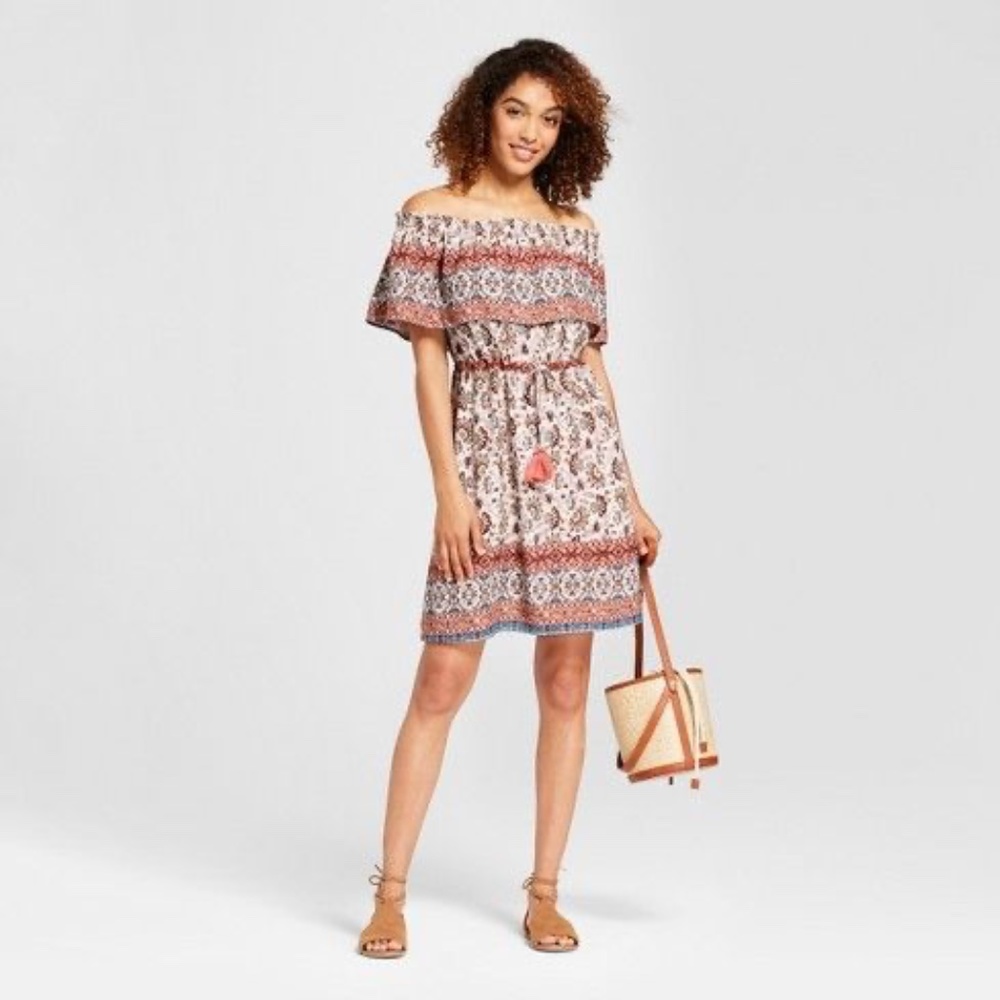 Knox Rose Off-the-Shoulder Boho Dress with Tassel Tie Waist | L